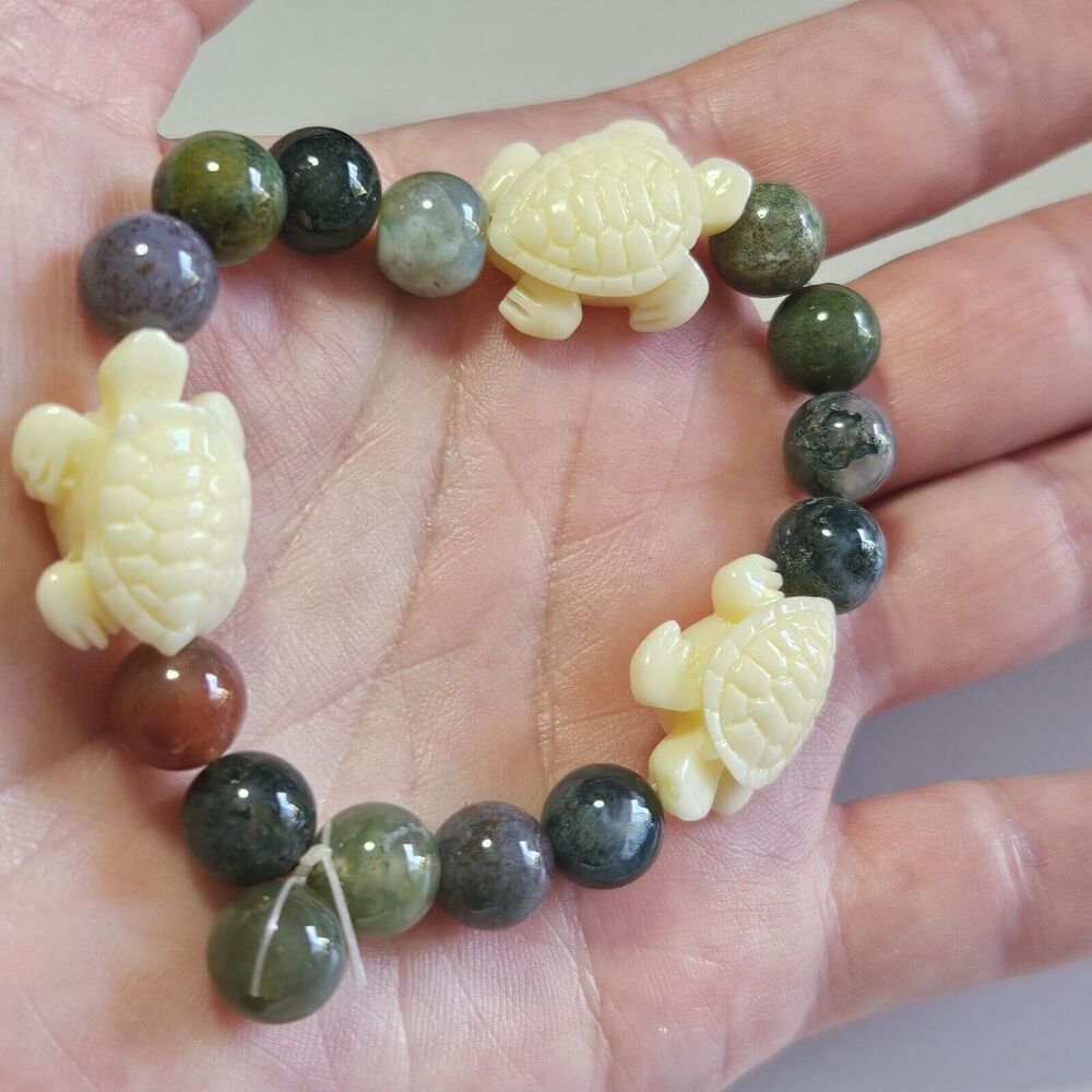 Semiprecious bead turtle bracelet 6" green blue